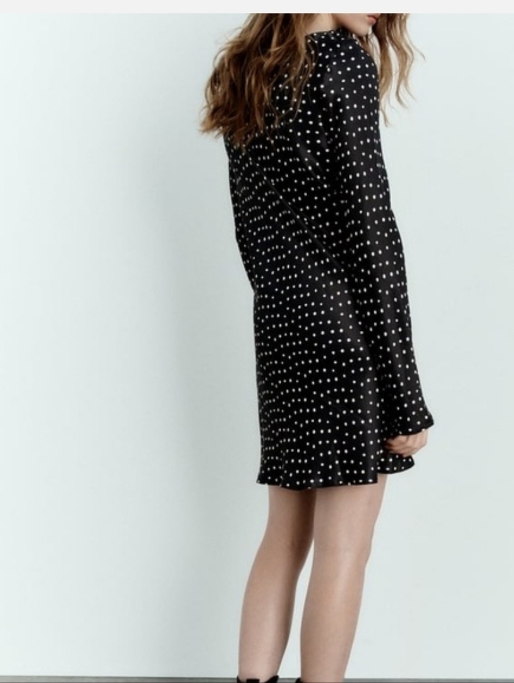 NWT Zara Polka Dot Bias Cut Long Sleeve Satin Polka Dot Preppy Mini Dress - Picture 3 of 5